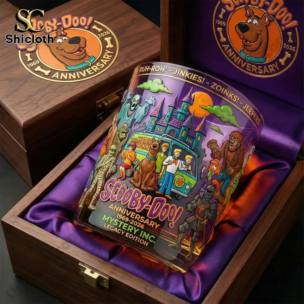 Scooby Doo themed whiskey glass displayed inside a wooden collectors box!