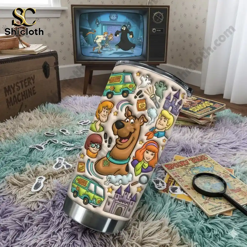 Scooby Doo themed insulated tumbler displayed in a retro living room!