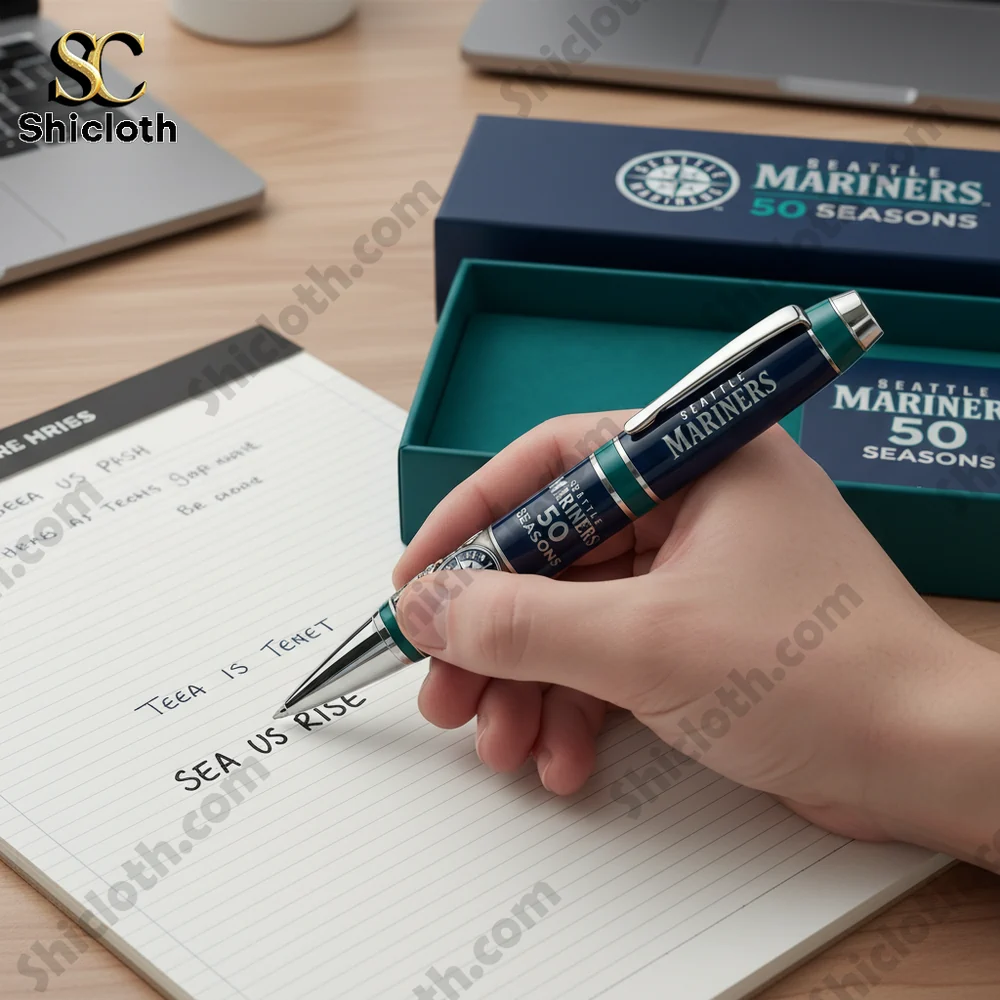 Seattle Mariners Fifty Seasons pen writing on a notebook at a work desk!