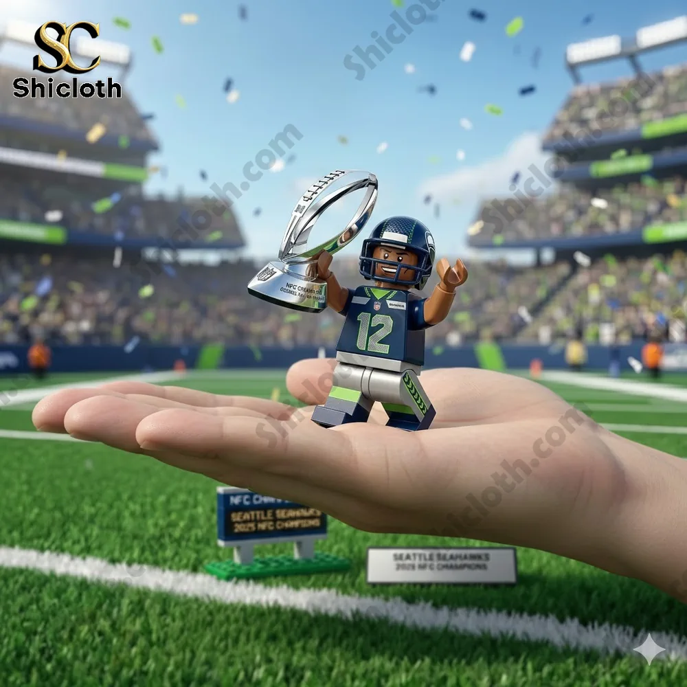 Small Seattle Seahawks player figure holding NFC champion trophy on a hand in a football stadium!