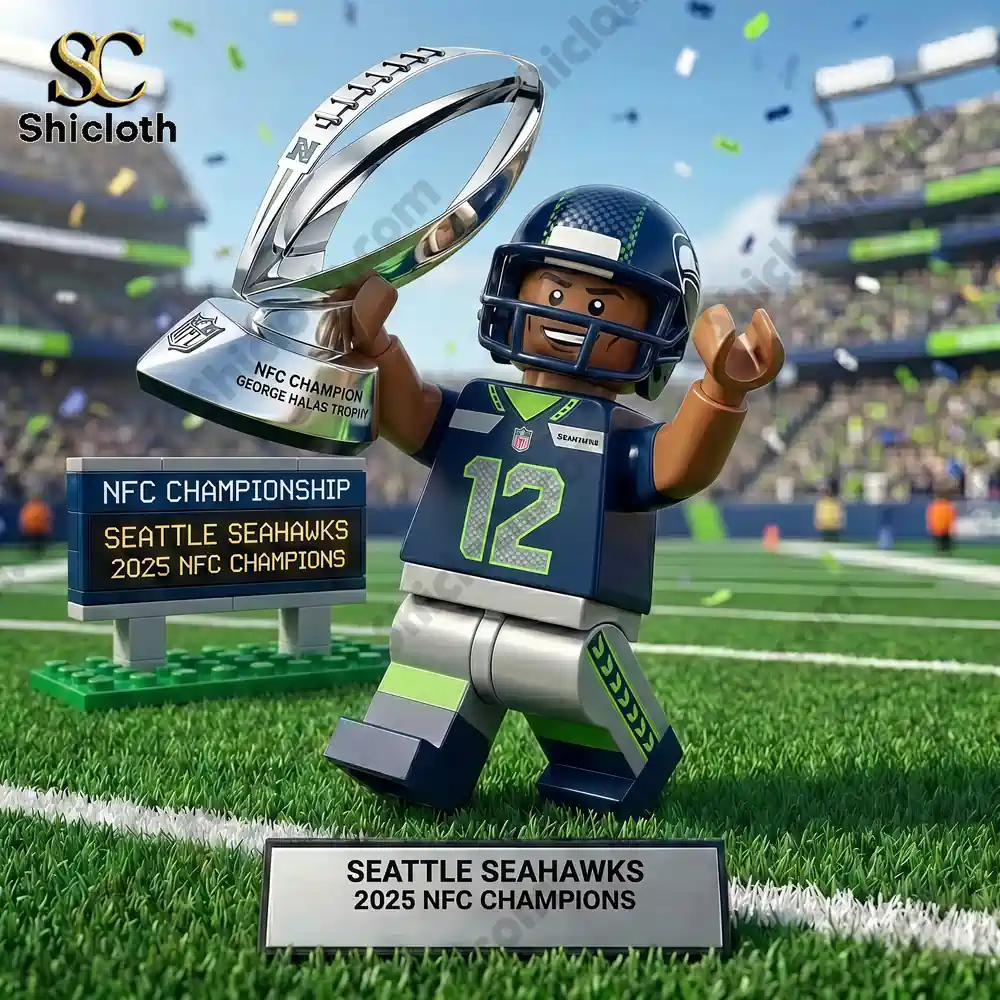 Seattle Seahawks player figure holding NFC championship trophy on football field!