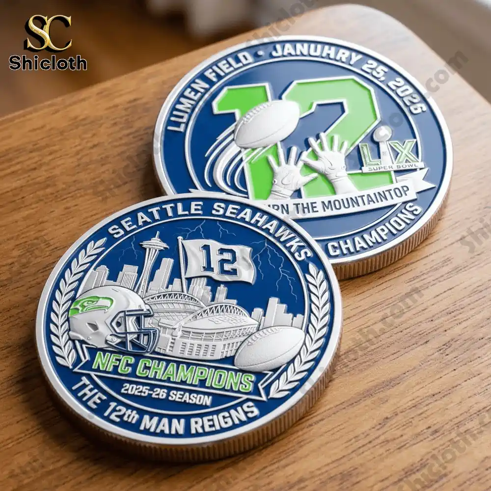 Seattle Seahawks 2025 NFC Champions Commemorative Edition Coin 4 Two Seattle Seahawks commemorative coins displayed on a table.