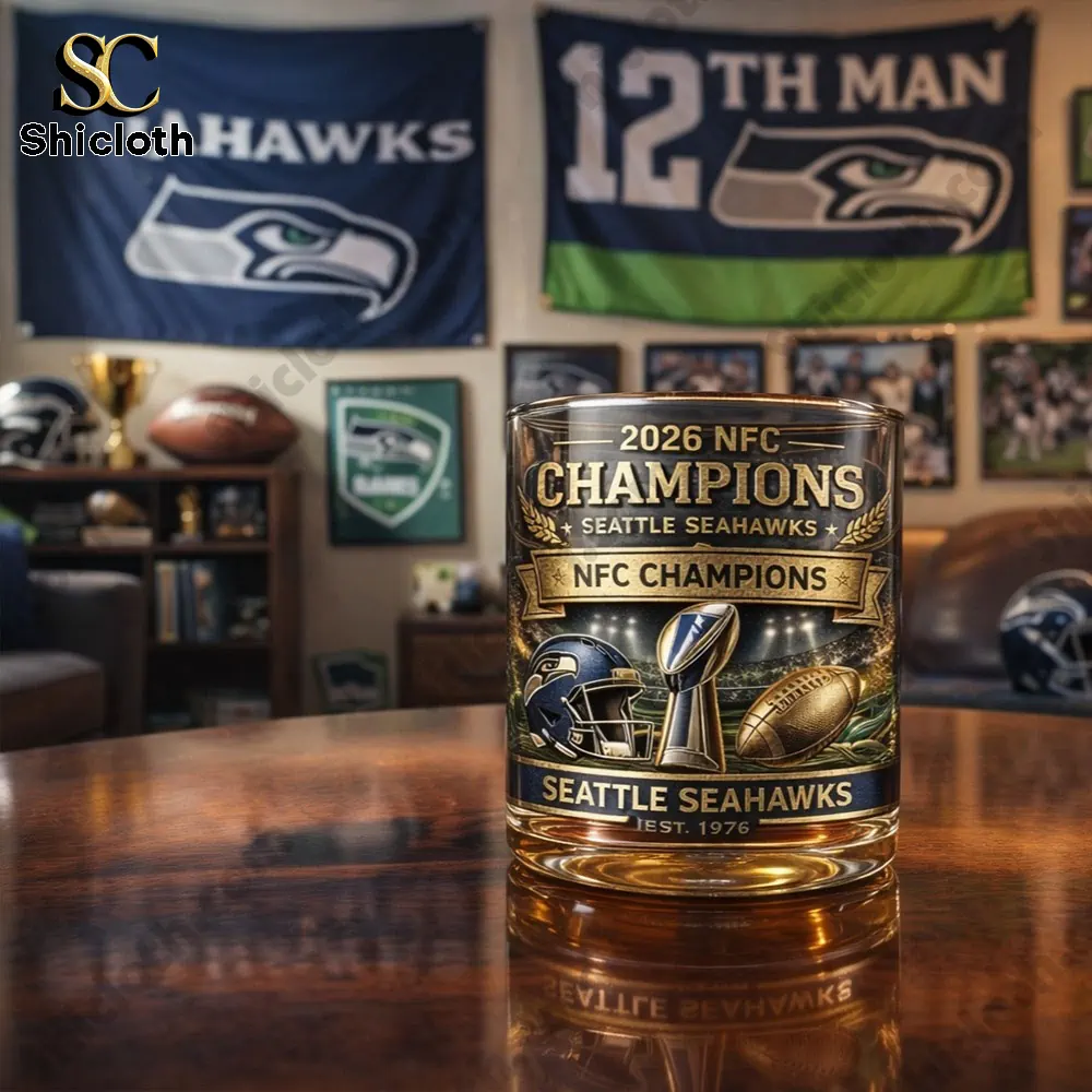 Seattle Seahawks NFC Champions whiskey glass on a wooden table in a fan room!