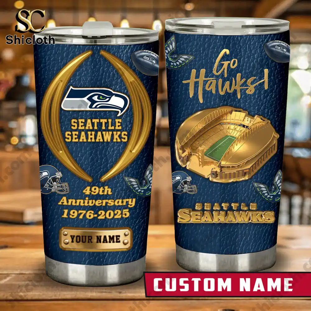 Seattle Seahawks anniversary tumbler with custom name shown front and back!