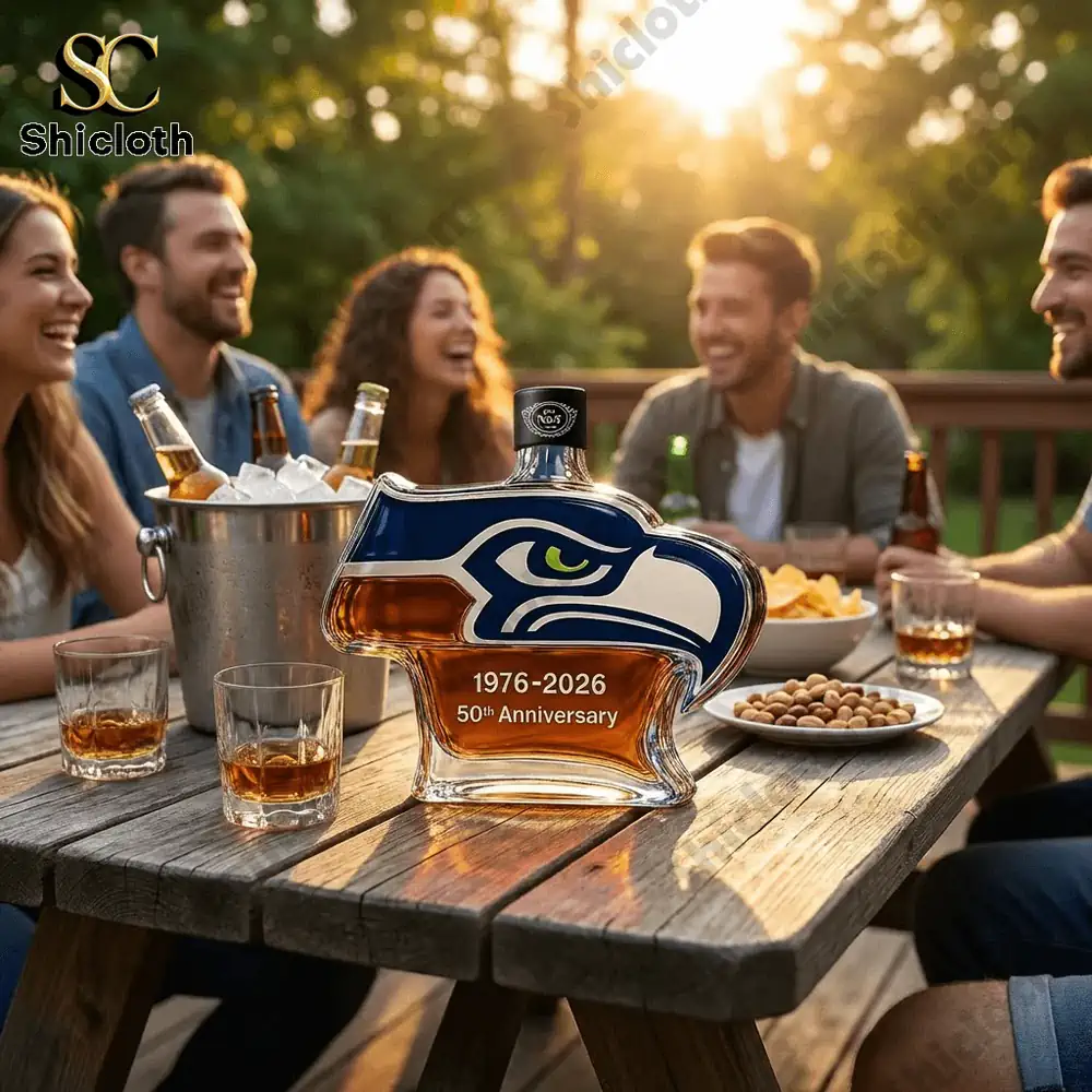 Seahawk shaped whisky bottle on a table with friends enjoying drinks outdoors!
