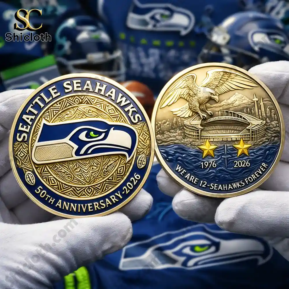 Seattle Seahawks commemorative coin showing front and back design in gold and blue!