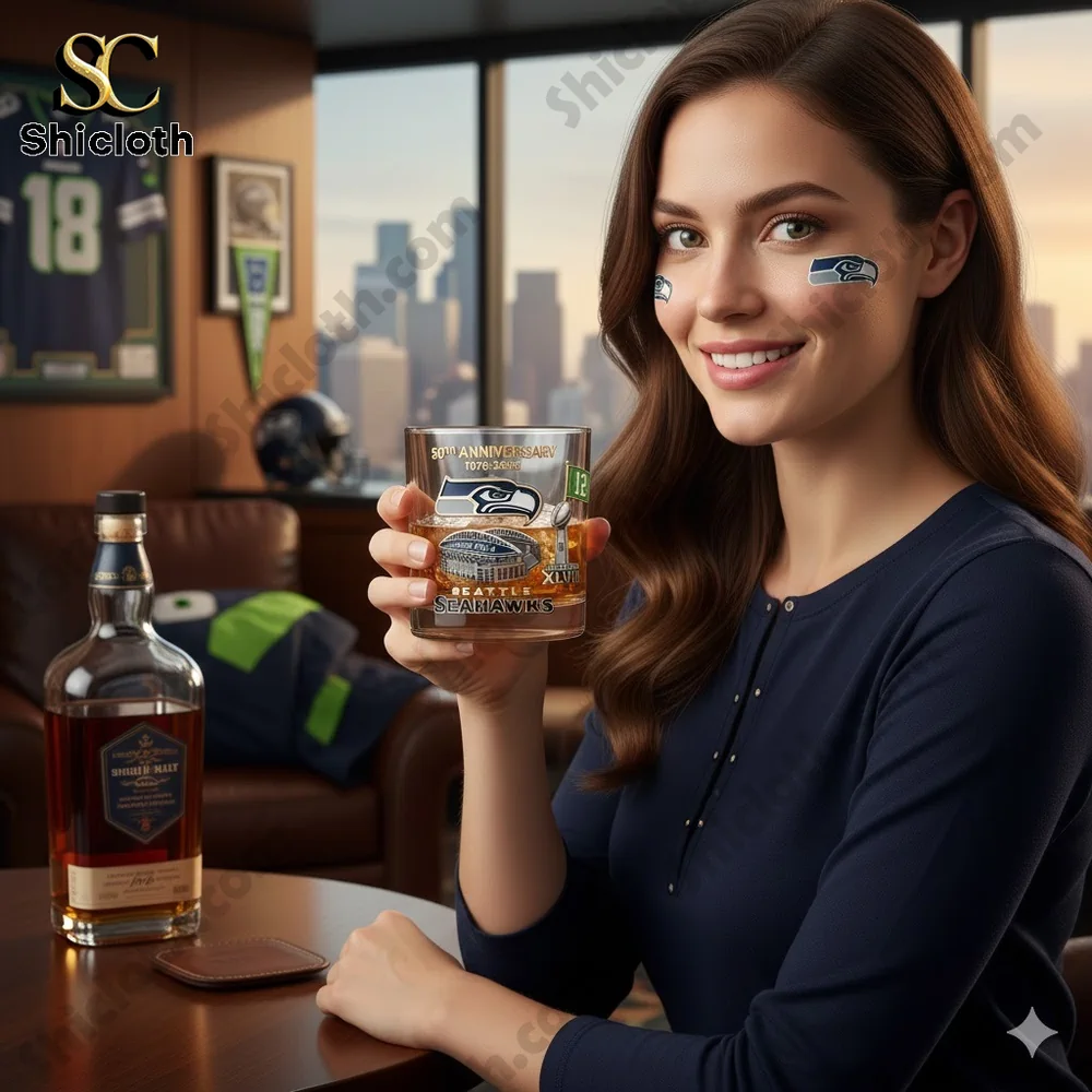 Woman holding Seattle Seahawks anniversary whiskey glass in fan themed room!