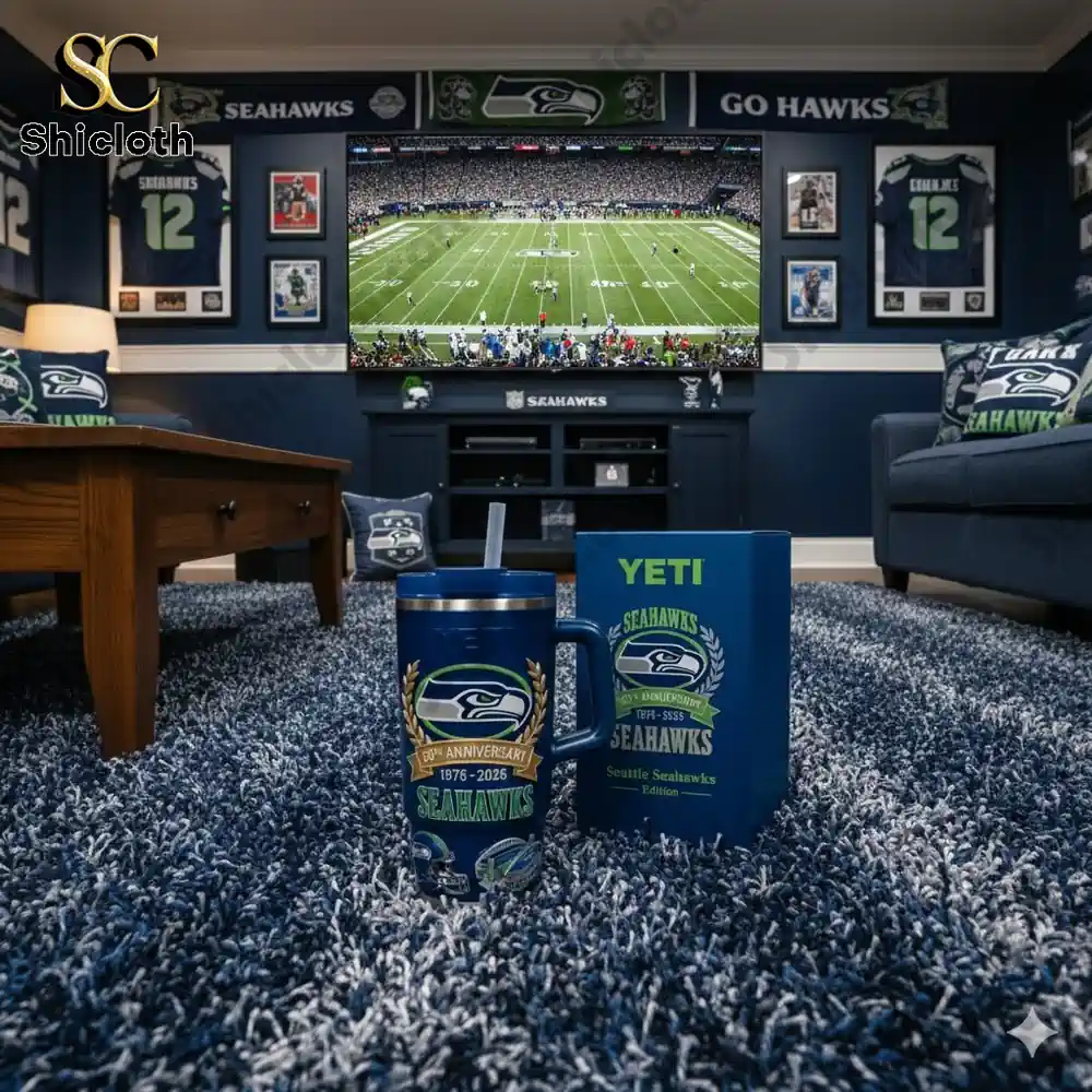 Seattle Seahawks anniversary Yeti mug displayed in a themed living room with TV football game background!