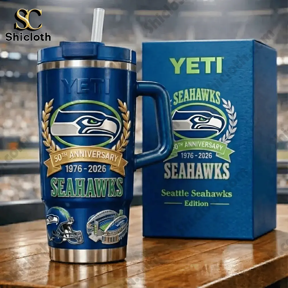 Seattle Seahawks anniversary Yeti mug with branded box on wooden surface!