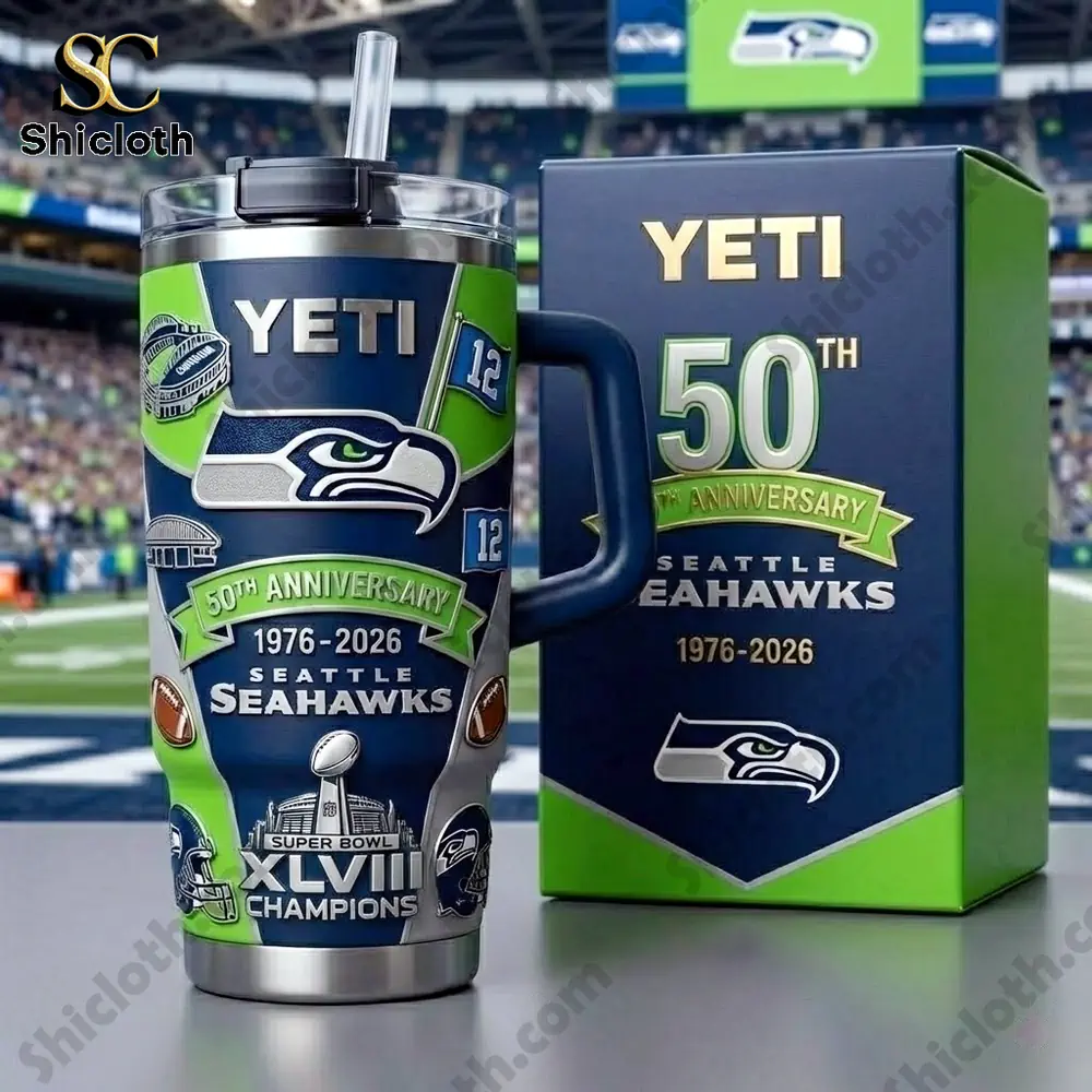 Yeti Seattle Seahawks anniversary tumbler displayed in a football stadium!