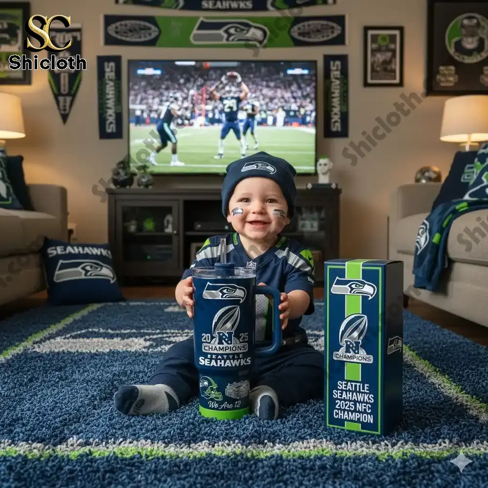 Baby wearing Seattle Seahawks outfit holding a championship tumbler in a fan themed living room!