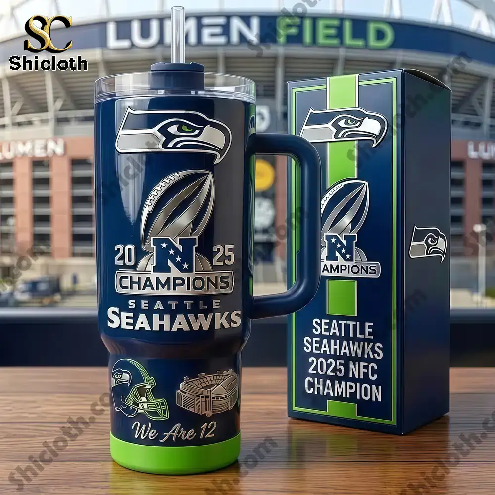 Seattle Seahawks championship tumbler displayed with box in front of Lumen Field stadium!