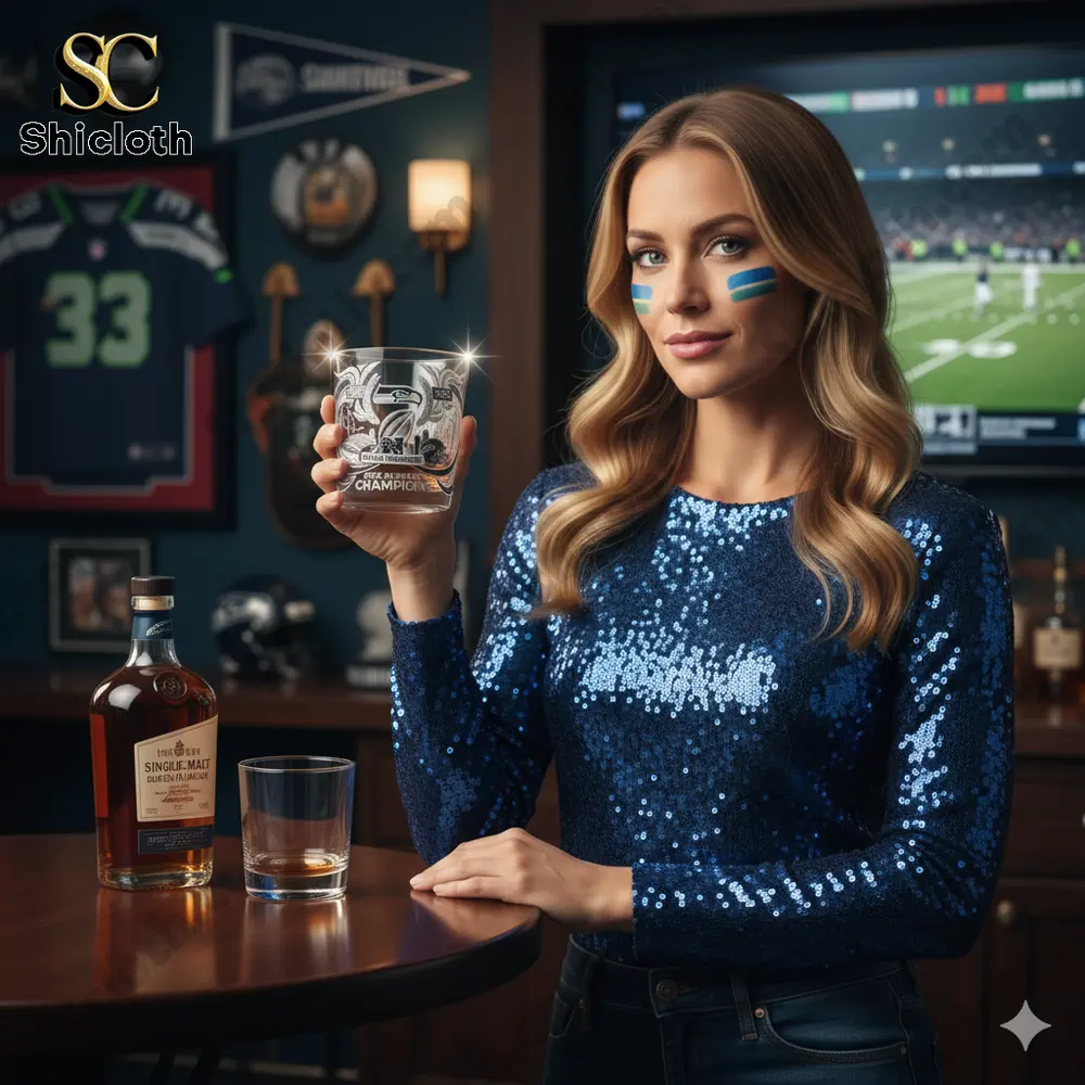 A woman holding a Seattle Seahawks division champions crystal whiskey glass in a sports themed bar!