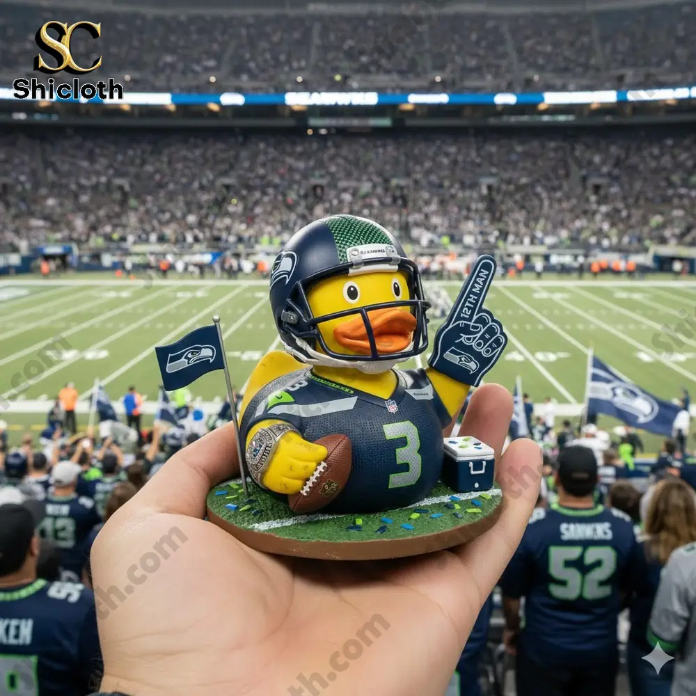 Dolly Parton's 80th Anniversary 1946-2026 Collectible Pop Figure Doll 66 Seattle Seahawks duck figure held in hand at stadium