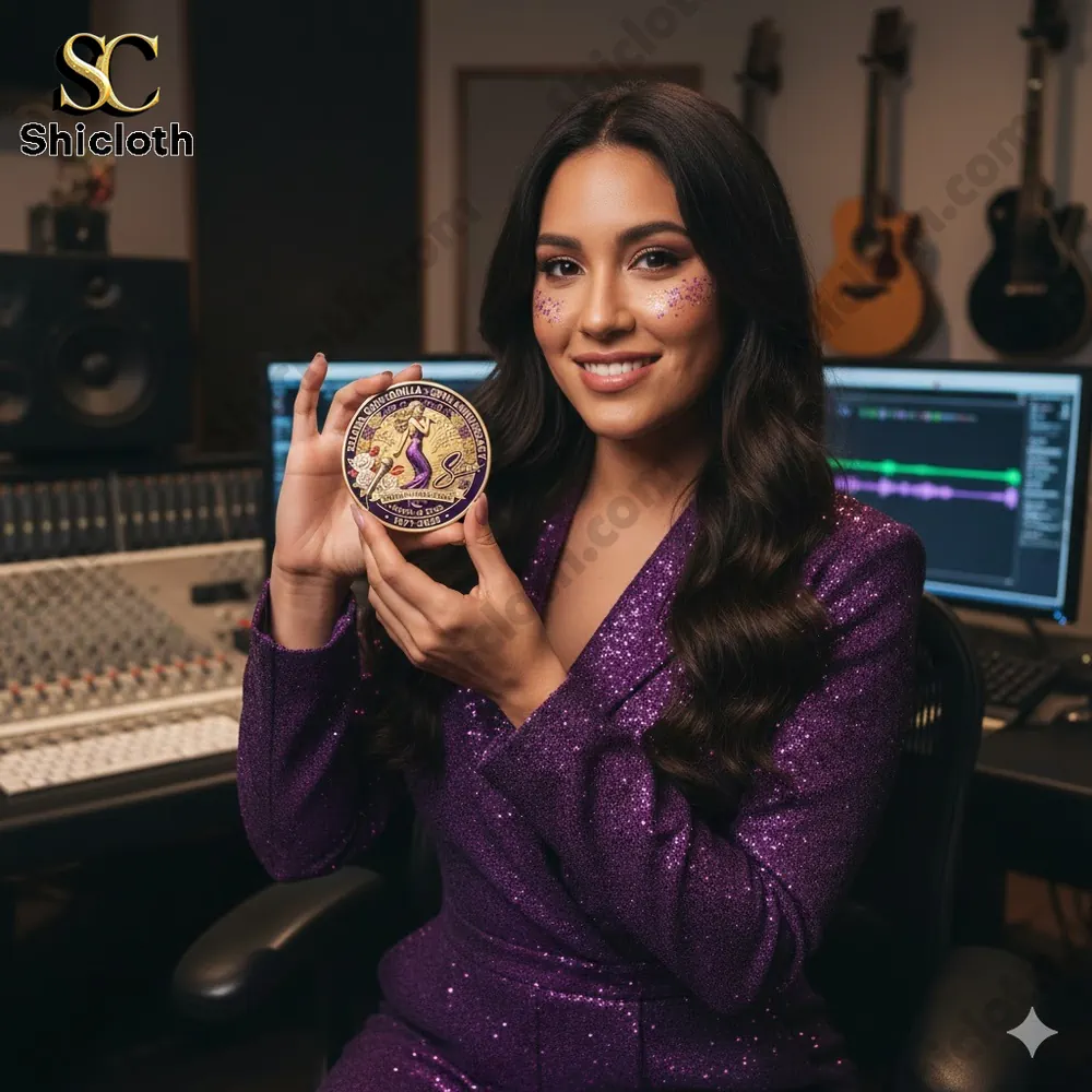Woman in purple outfit holding a commemorative coin in a music studio!