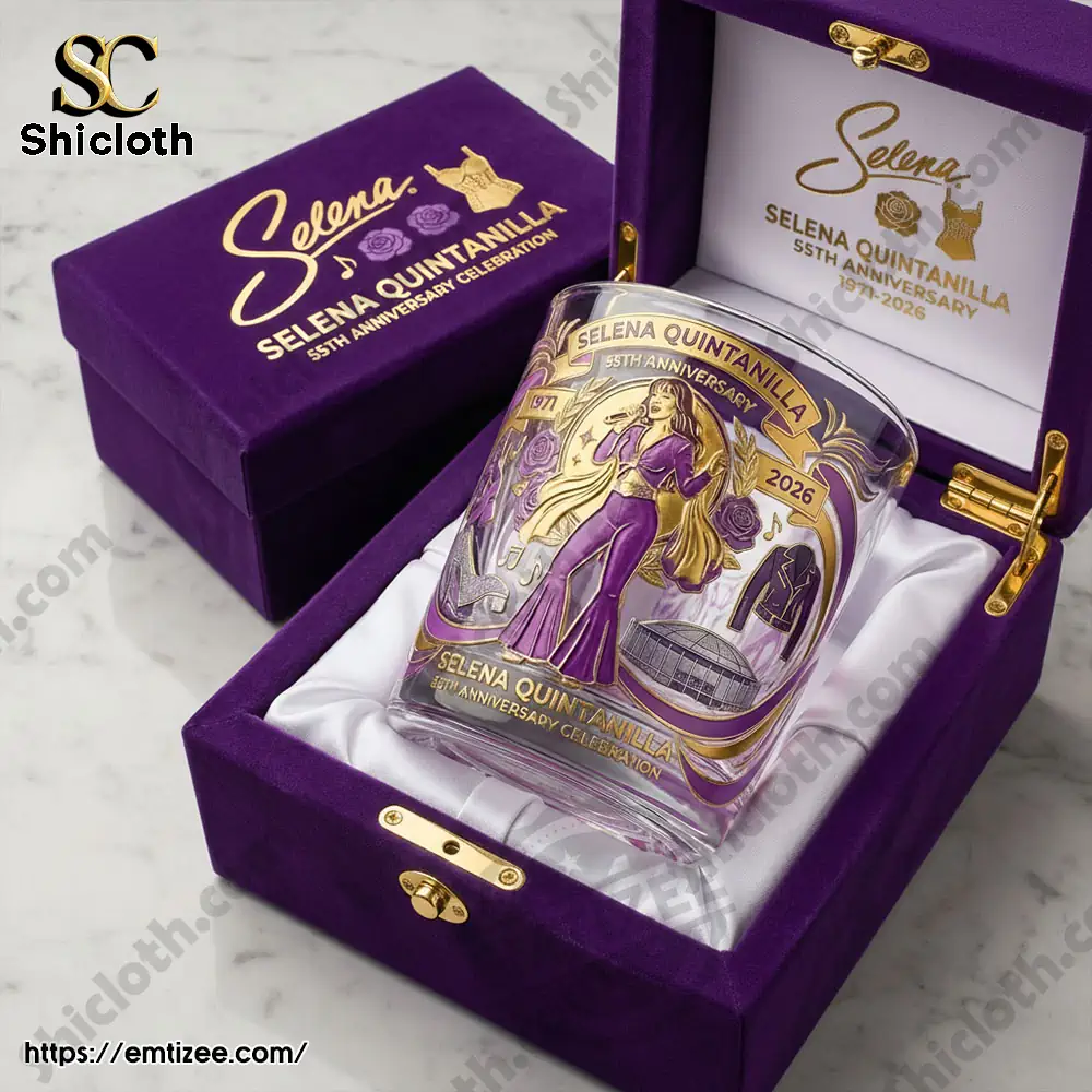 Purple velvet box displaying commemorative Selena Quintanilla whiskey glass!