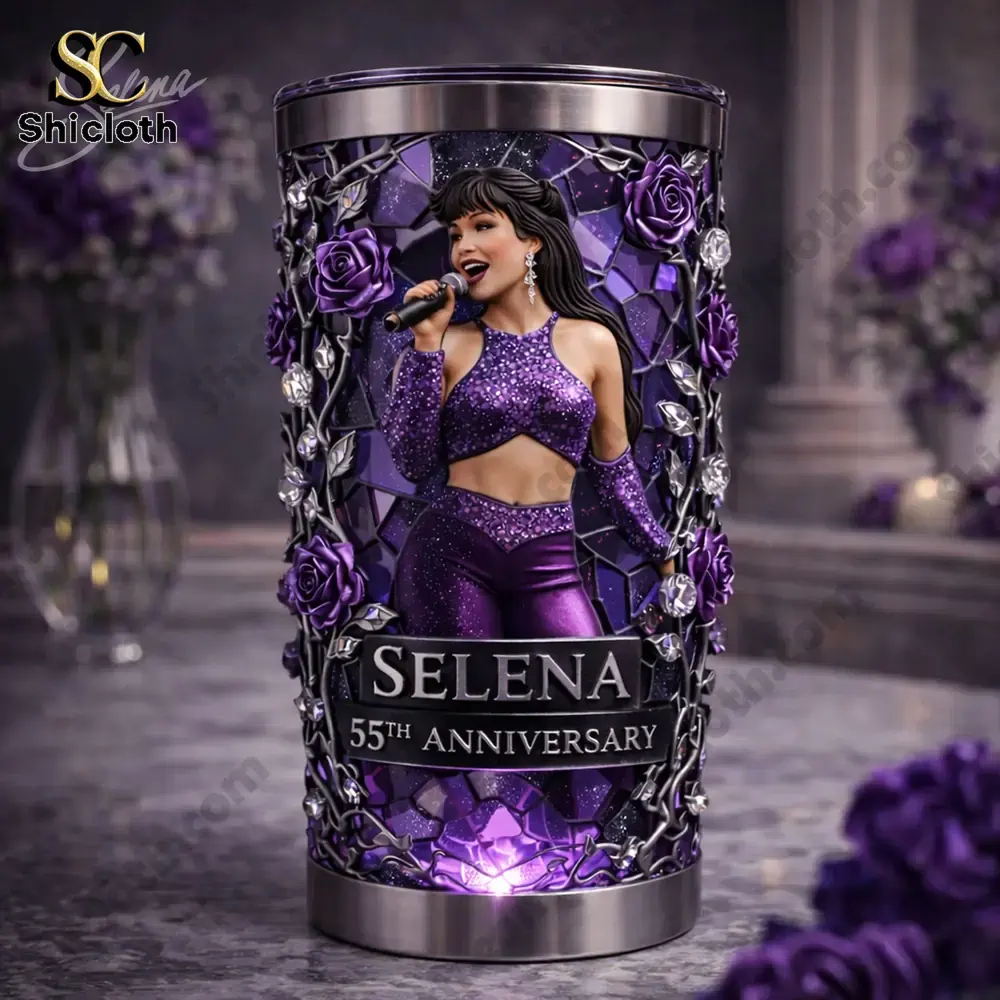 Close view of purple Selena anniversary tumbler with rose details!