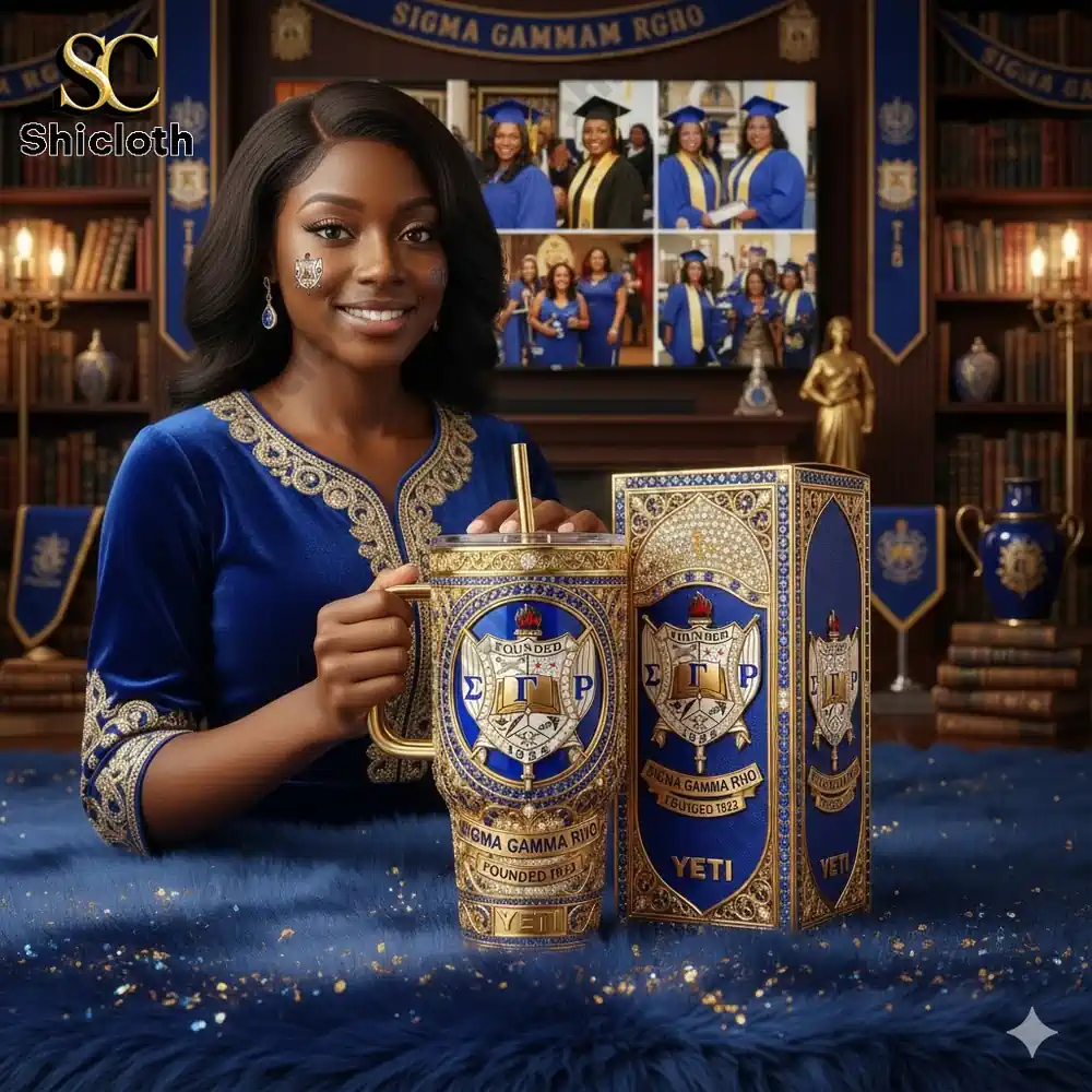 Elegant woman holding a blue gold Sigma Gamma Rho travel mug!
