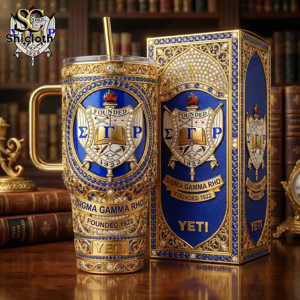 Blue gold Sigma Gamma Rho travel mug with decorative gift box!