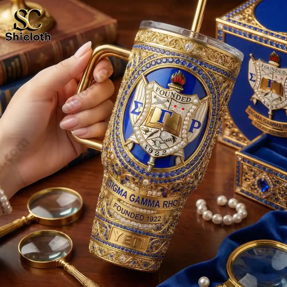 Sigma Gamma Rho Sorority Tumbler With Handle 3 Hand holding ornate Sigma Gamma Rho travel mug!