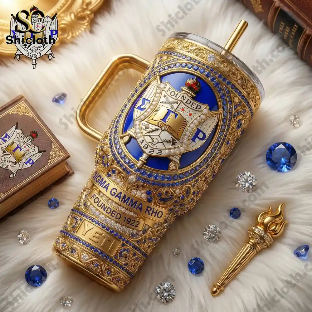 Sigma Gamma Rho Sorority Tumbler With Handle 4 Sigma Gamma Rho travel mug displayed on soft white background!
