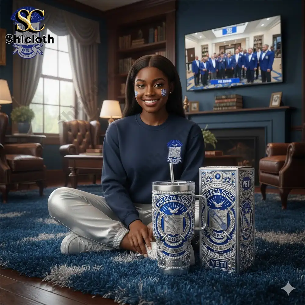 Woman sitting in a blue room holding a Shicloth Yeti style tumbler set!