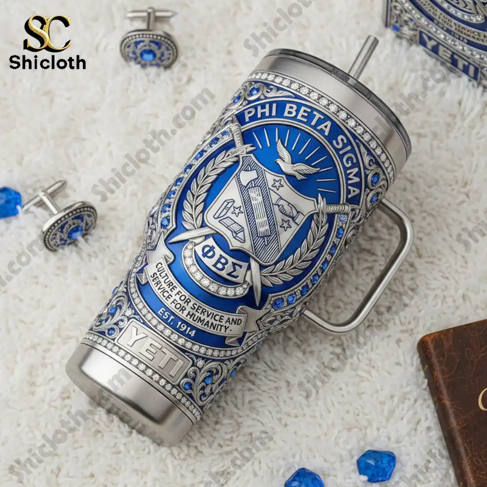 Sigma Gamma Rho SororityI nc 2026 Limited Edition YETI Tumbler Tumbler With Handle 3 Shicloth Yeti style tumbler shown in a flat lay with accessories!