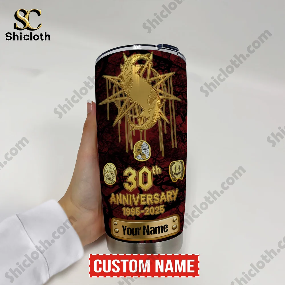 Slipknot 30th Anniversary Custom Name Tumbler Cup 3 Hand holding metal tumbler with dark red gold anniversary design by Shicloth!