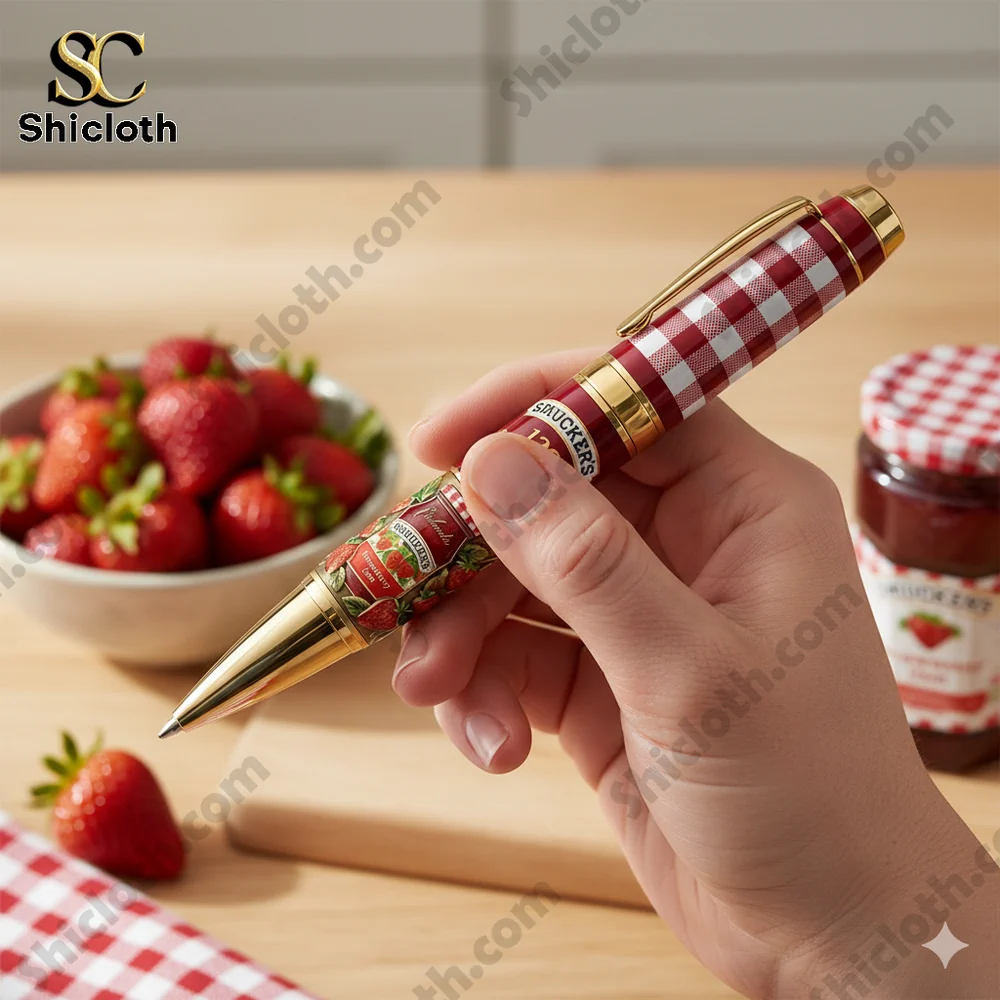 Hand holding Smuckers anniversary pen near strawberries and jam!