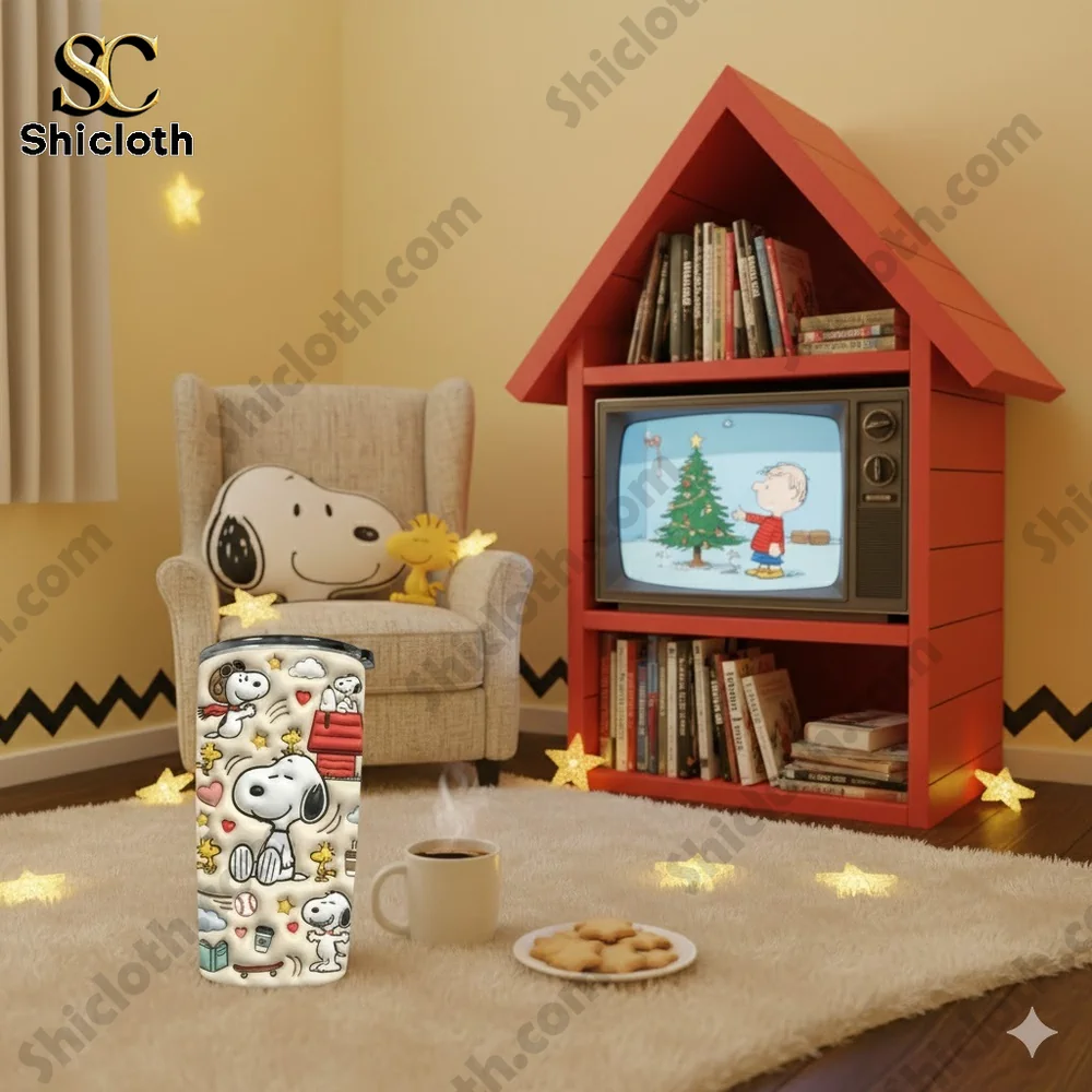 Snoopy themed insulated tumbler in cozy living room scene