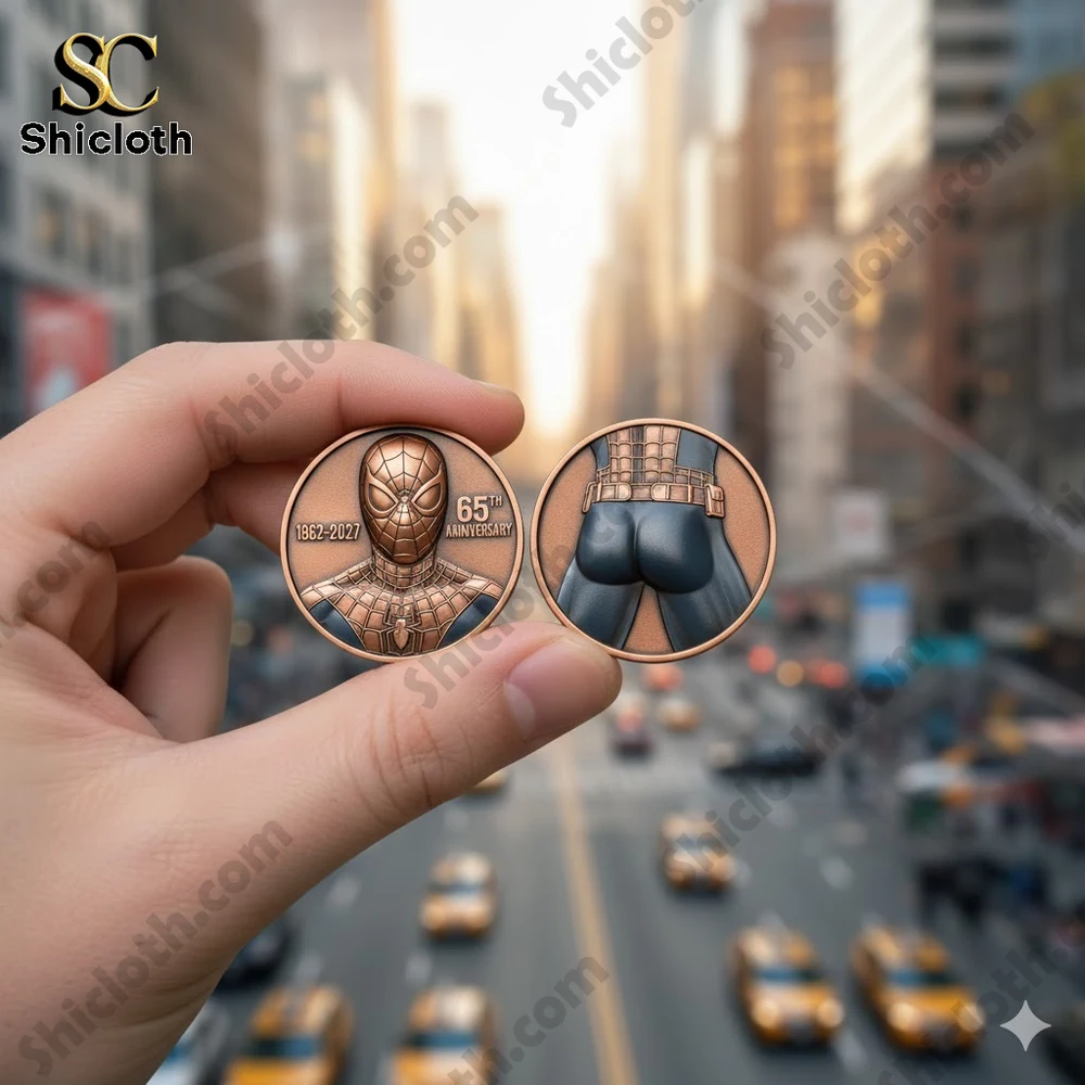 Commemorative superhero coin held over city street scene!