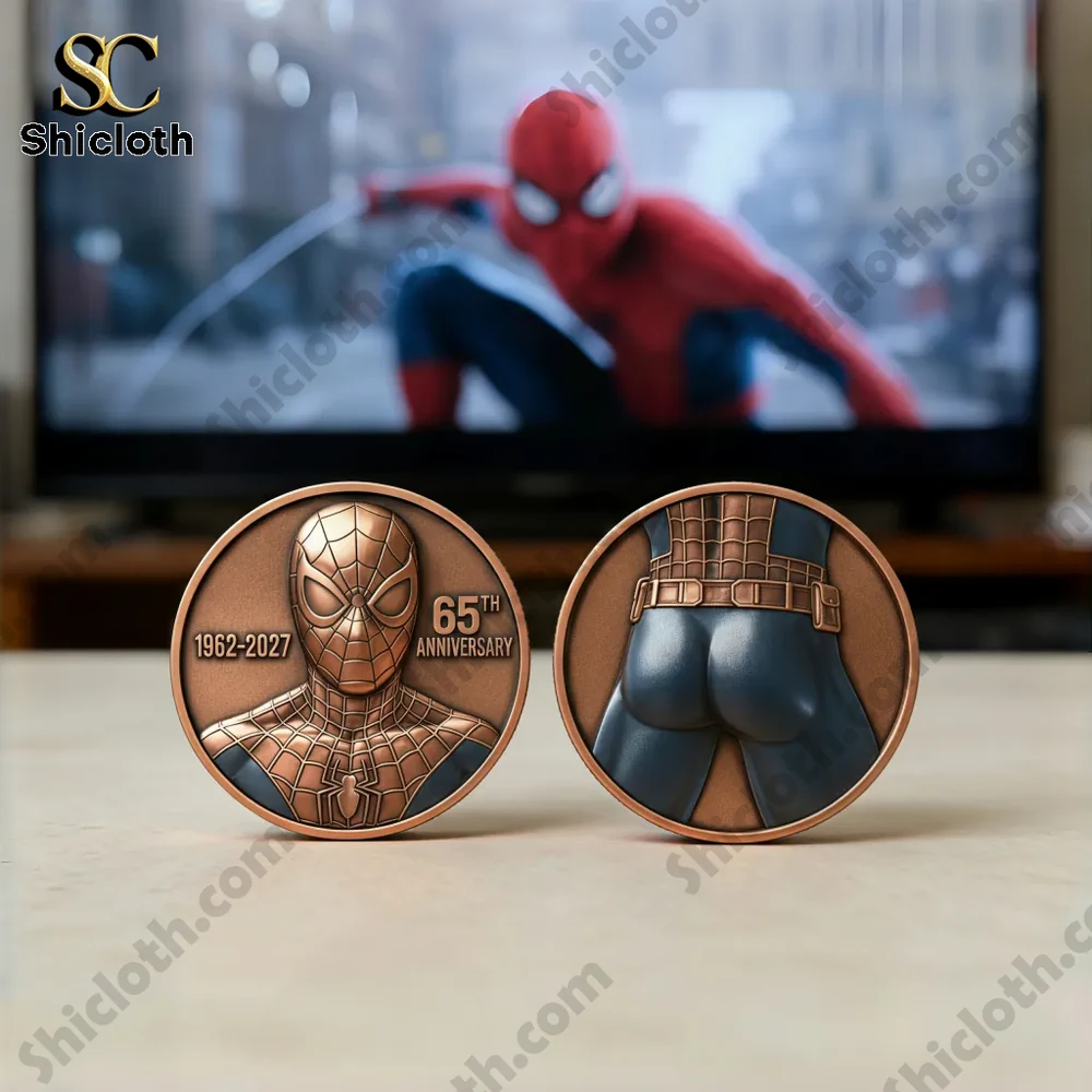 Commemorative superhero coin displayed on table with movie scene background!