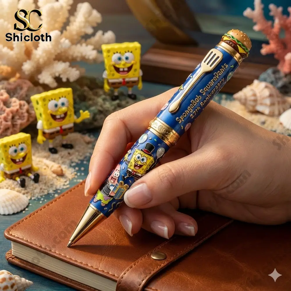 SpongeBob themed pen held in hand on notebook!