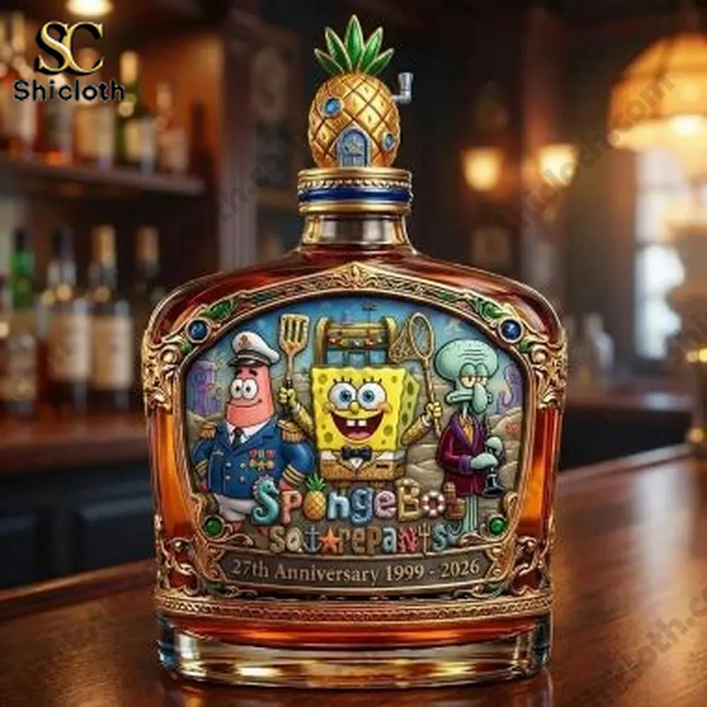 Close up of ornate Spongebob themed decorative bottle on bar counter!