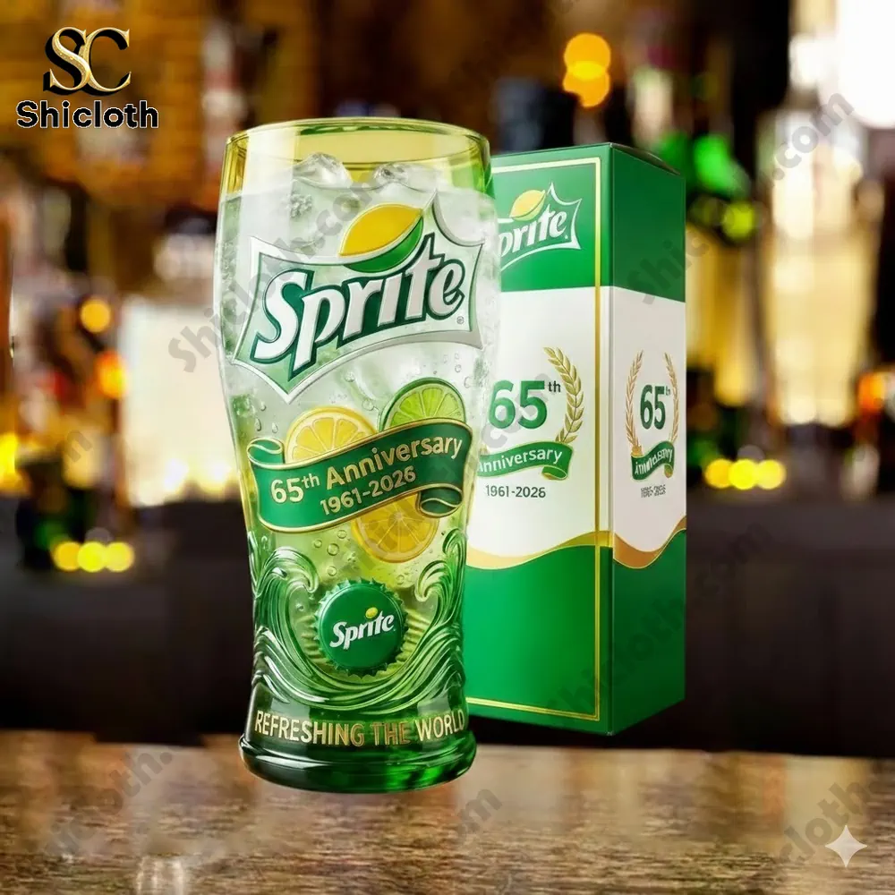 Sprite anniversary glass with ice on bar counter!