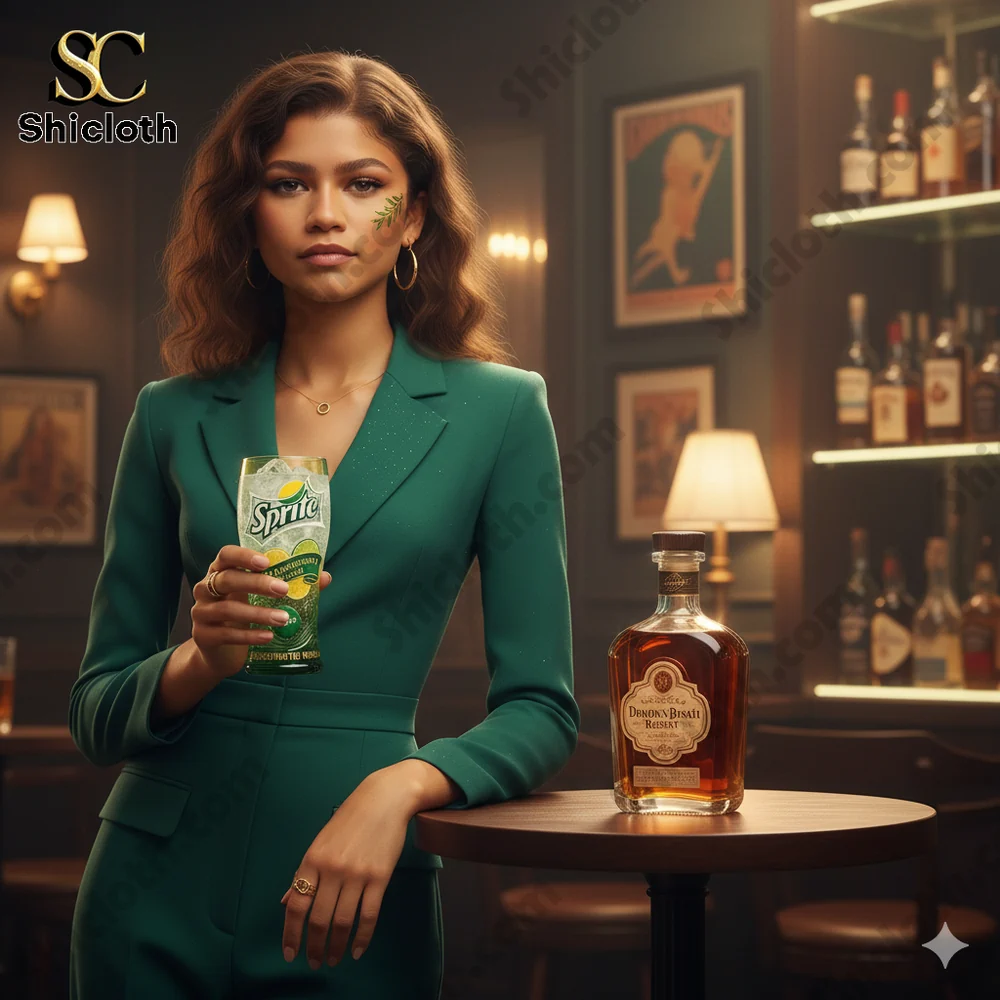 Elegant woman holding Sprite glass in stylish bar!