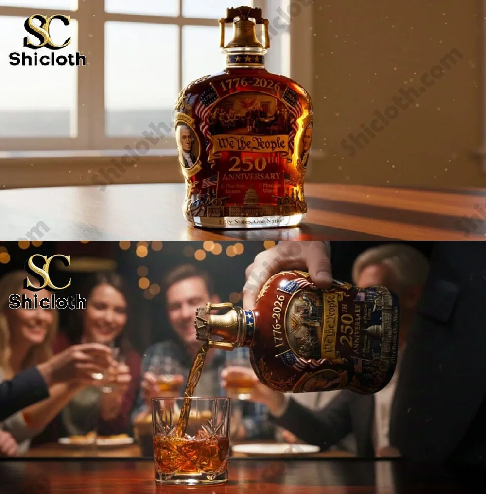 Whiskey being poured from a commemorative bottle into a glass at a gathering