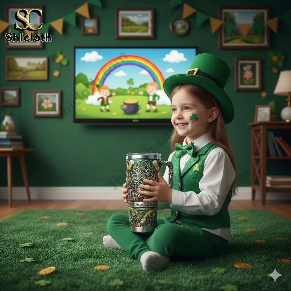 Smiling girl in green St Patrick outfit holding a decorative Shamrock Spirit mug!
