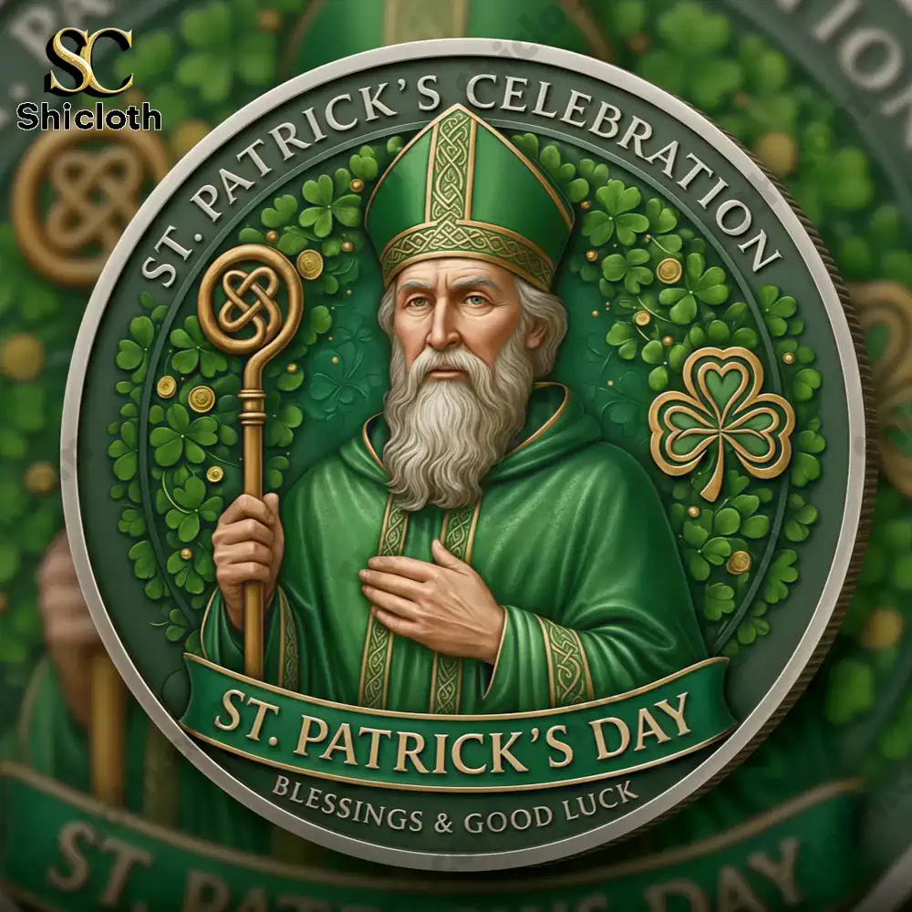 St. Patrick's Day Commemorative Lucky Coin 3 Saint Patrick portrait coin with shamrock background!