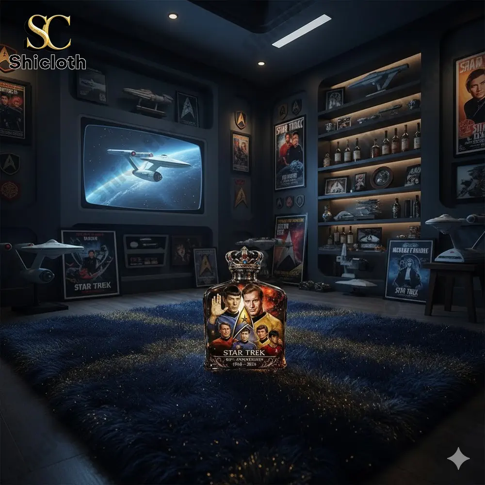 Demogorgon Sculpted Whiskey Glass 18 Star Trek anniversary whiskey decanter displayed in a sci fi themed collector room!