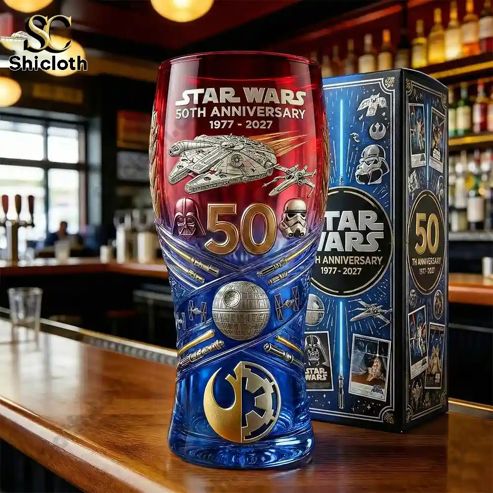 Star Wars anniversary collectible beer glass with themed box on bar counter!