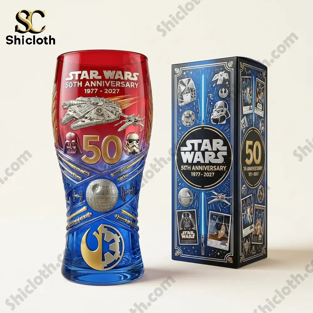 Star Wars anniversary collectible beer glass with decorative box on white background!