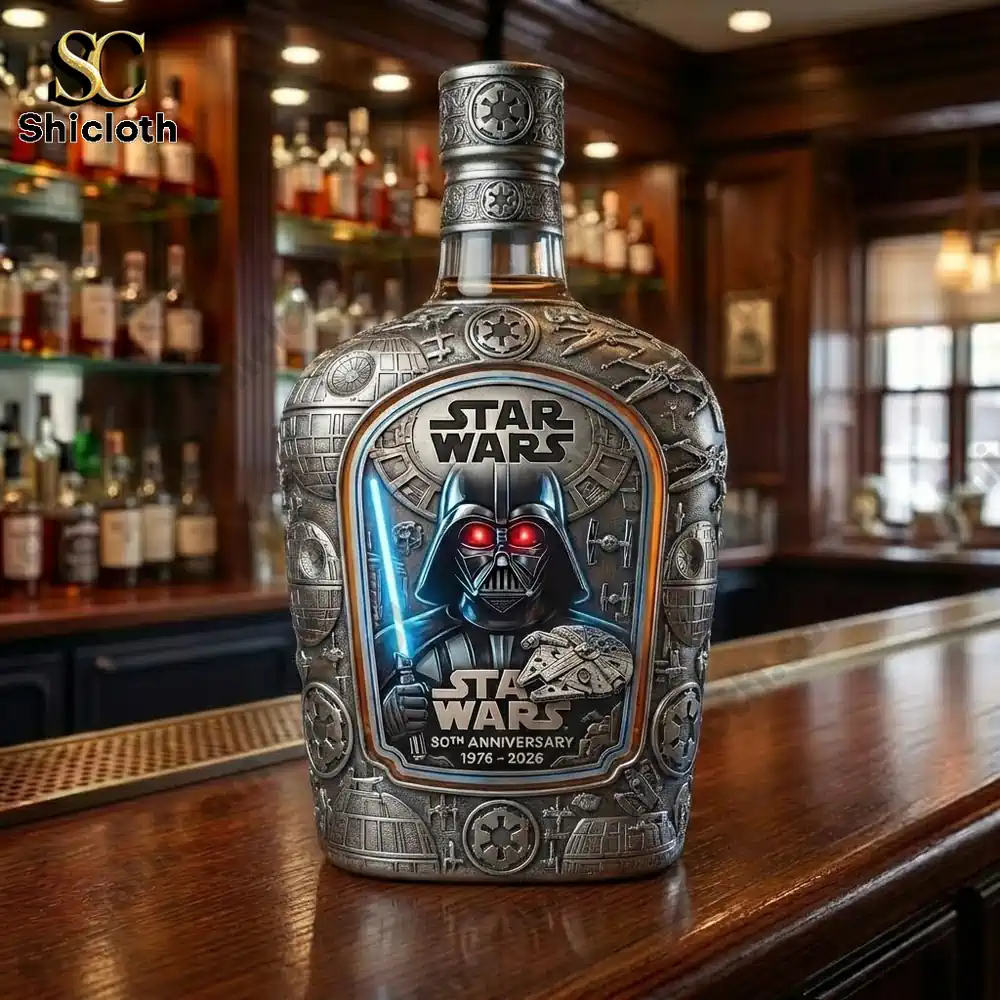 Star Wars themed liquor bottle displayed on a wooden bar!