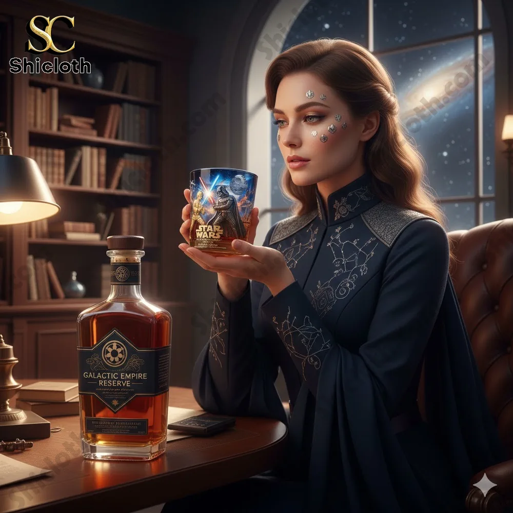 Elegant woman holding a Star Wars themed mug in a study room!