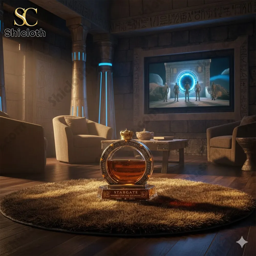 Demogorgon Sculpted Whiskey Glass 14 Stargate whiskey decanter displayed in a luxurious ancient style room.