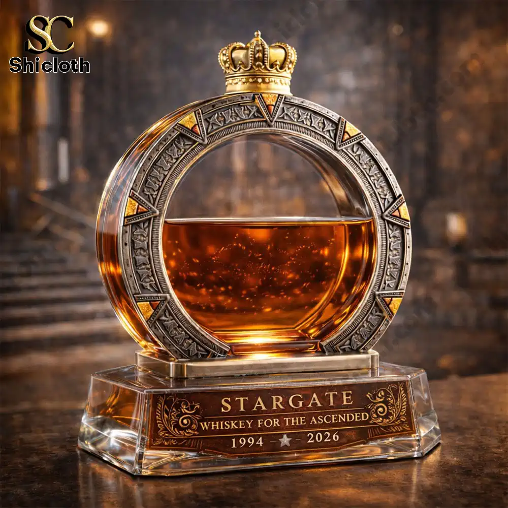 Close up view of Stargate whiskey decanter with ornate metal frame.