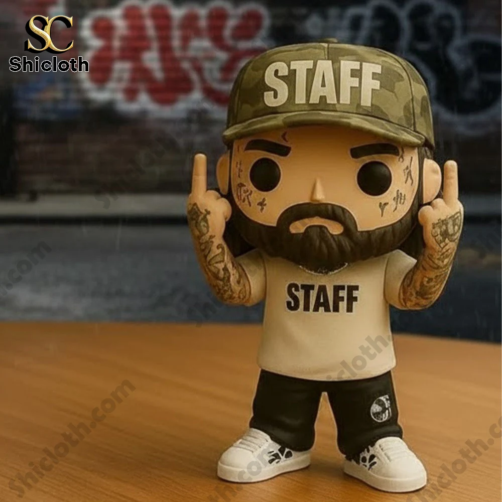 Suicideboys Staff Vinyl Pop Figure Doll 3 Close up staff vinyl figure standing alone with blurred graffiti background from Shicloth shop!