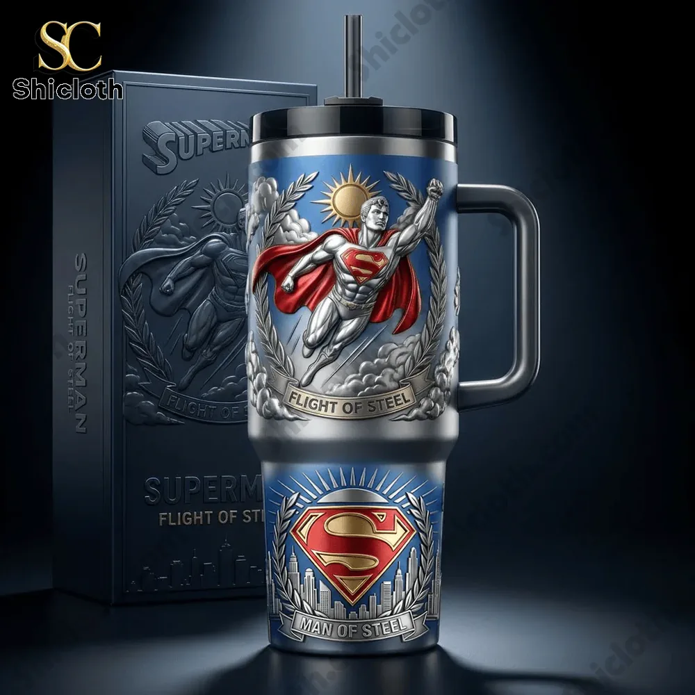 Metal Superman tumbler with heroic flight artwork from Shicloth!