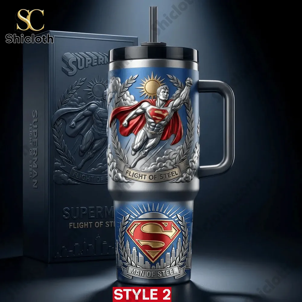 Superman Man Flight Of Steel 40Oz Stanley Tumbler With Handle 3 Collector Superman metal tumbler with premium box from Shicloth!