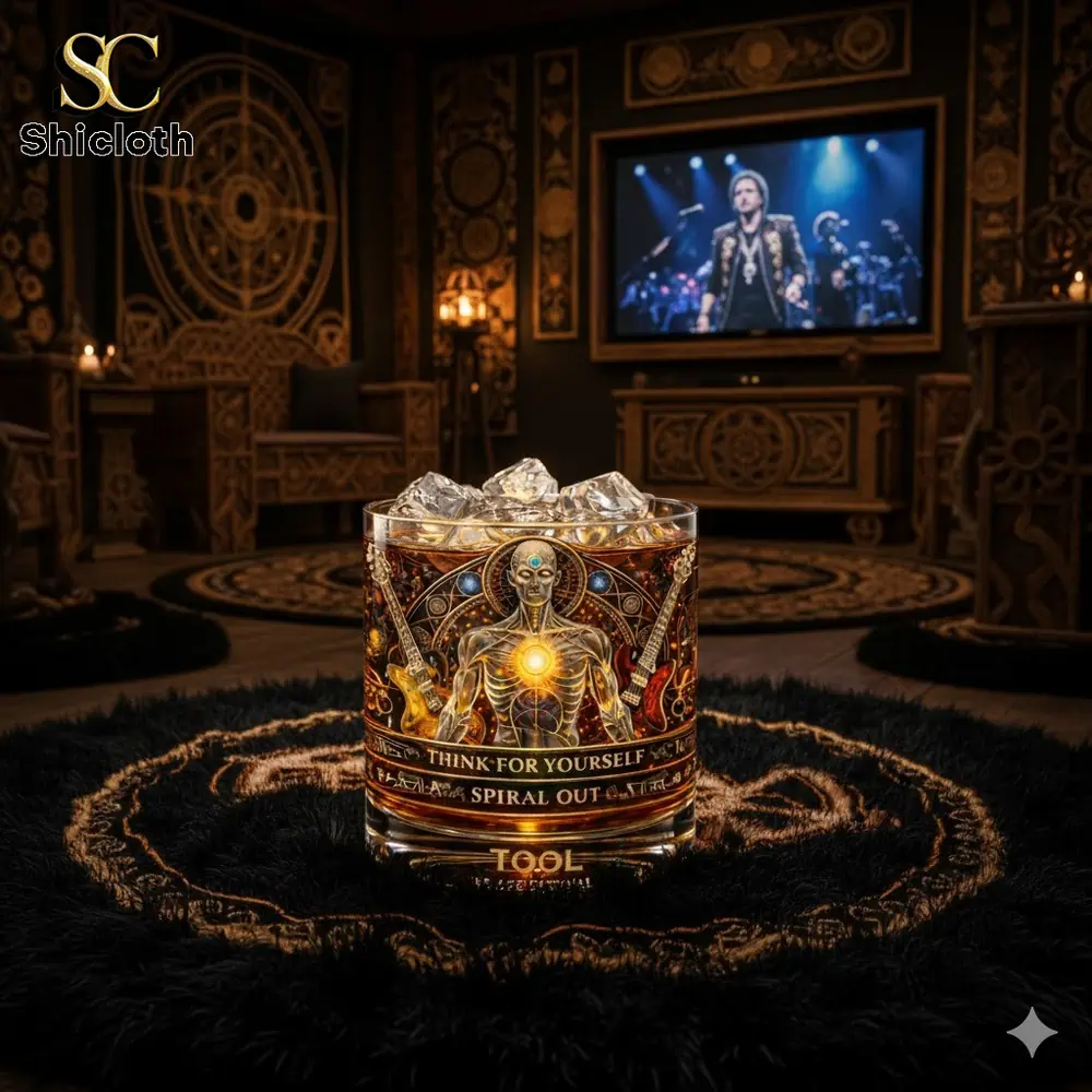 Artistic whiskey glass with mystical human figure and guitars by Shicloth!